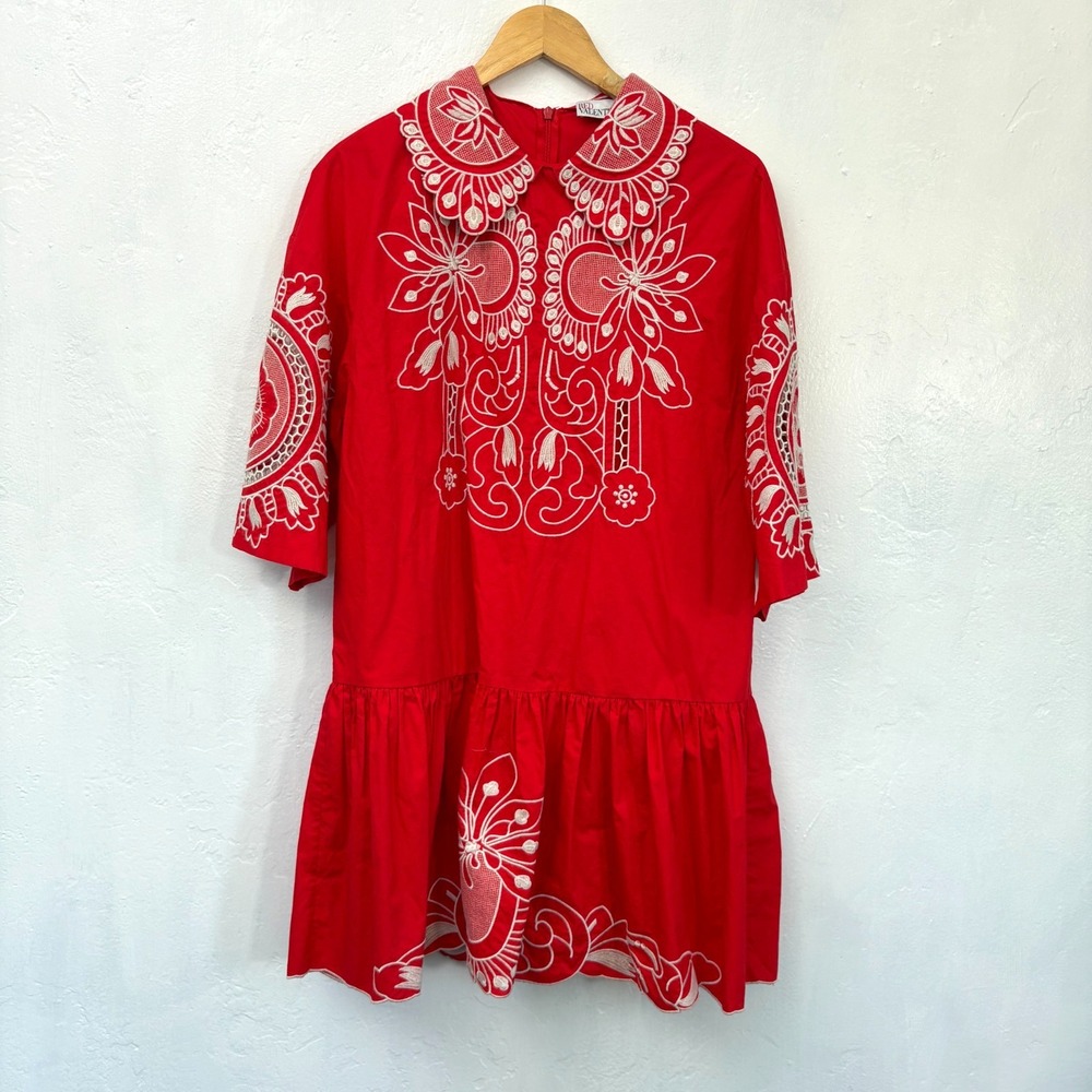 Red Valentino Embroidered Cotton Poplin Dress Women Size 44 Red White Floral
